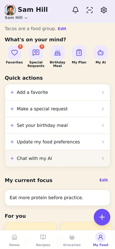 The My Food screen in Foodoodle